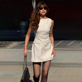 LIZAKOSHT  -  Autumn Elegant Solid Sleeveless Mini Dress Women Fashion Sexy Slim O Neck Patchwork Robe Club Party Dress Streetwear